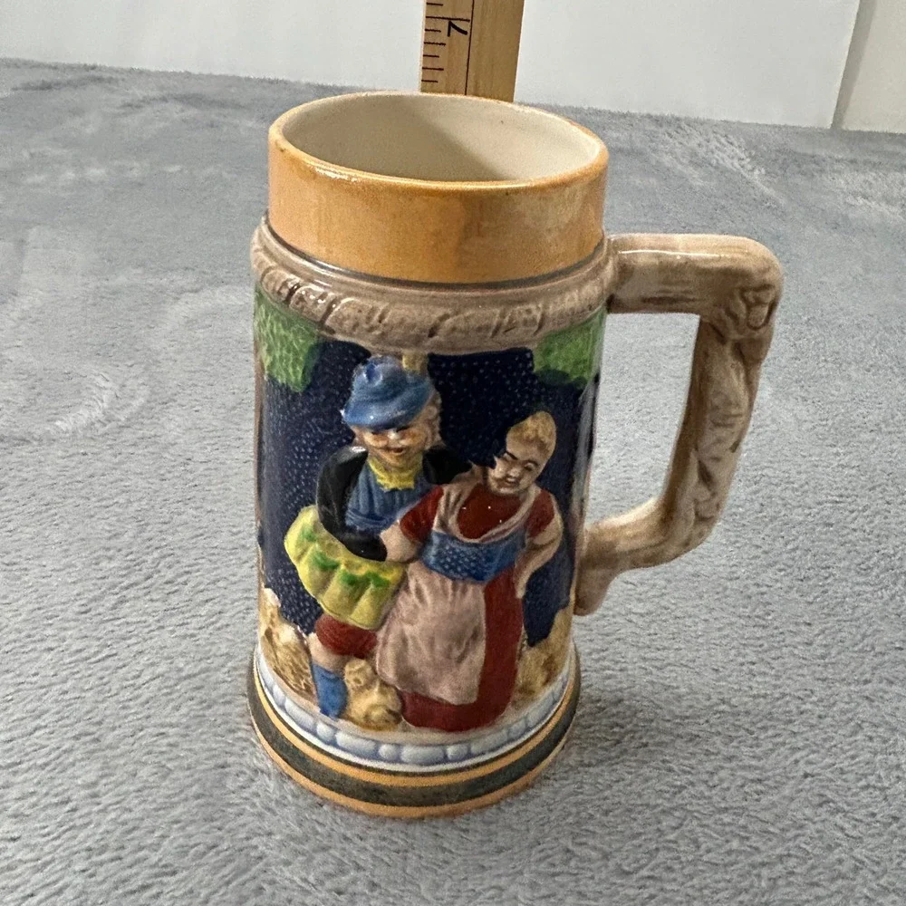 Vintage Crown Japan Ceramic Beer Stein Bavarian Dancing Couple Alpine Scene 6.5
